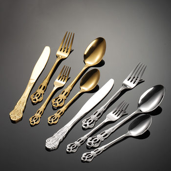 En Stainless Steel Imperial Court Series Western Food Knife and Fork Spoon Hollow Handle Golden Cross-border Gift 5-piece Set Main Food Spoon