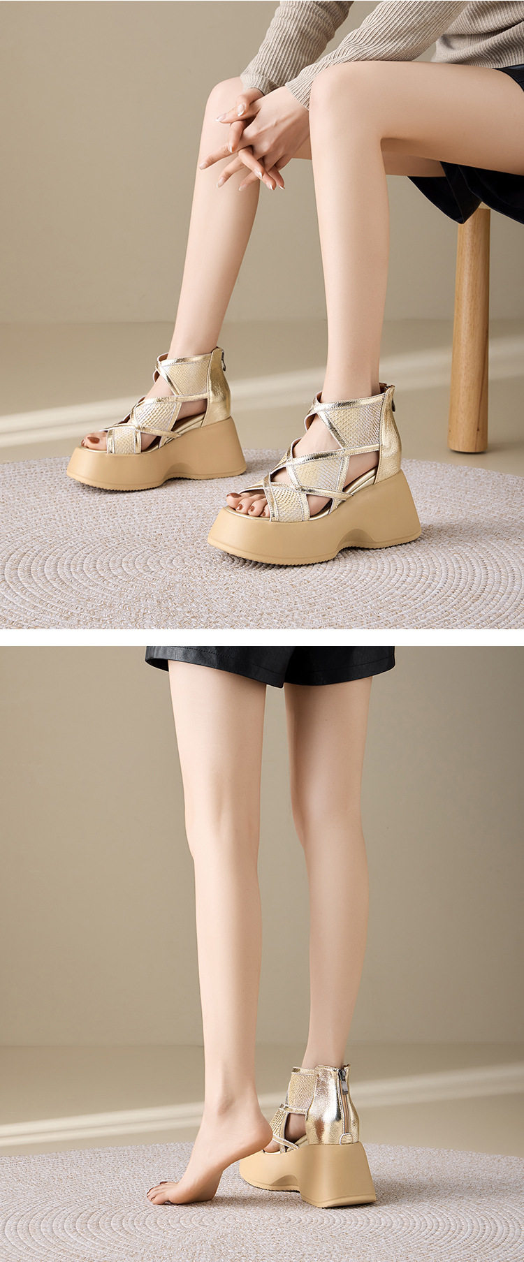 Sandal cao gót nữ hở mũi đế xuồng 10 cm, phong cách đơn giản, tăng chiều cao — [Màu kem], [Màu bạc] chi tiết 4