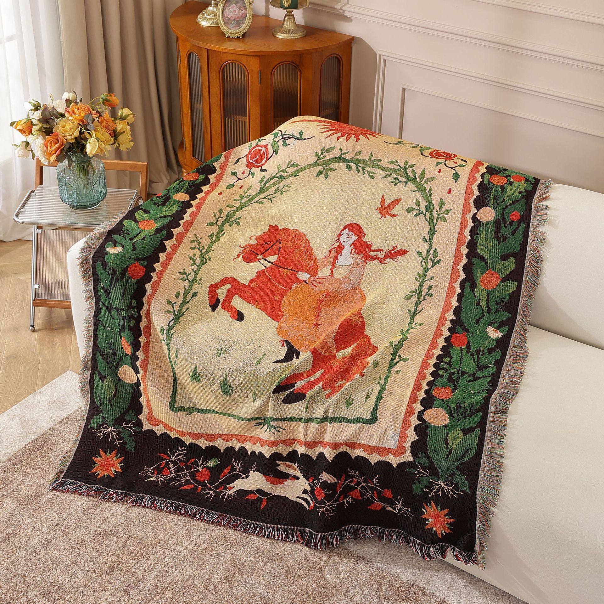 Modern Light Luxury Red-Haired Woman Riding Sofa Towel Decorative Tapestry Camping Style Placemat Air-Conditioning Cover Office Leisure Blanket Towel