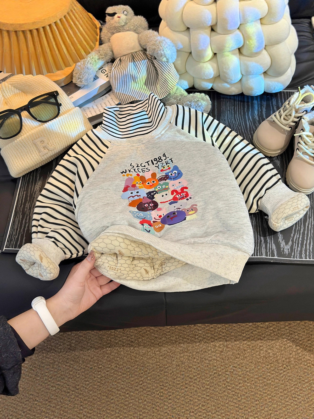 Children's Padded Thickened Top, New Winter Style, Boys & Girls Thermal Casual Striped Half-Turtleneck Undershirt