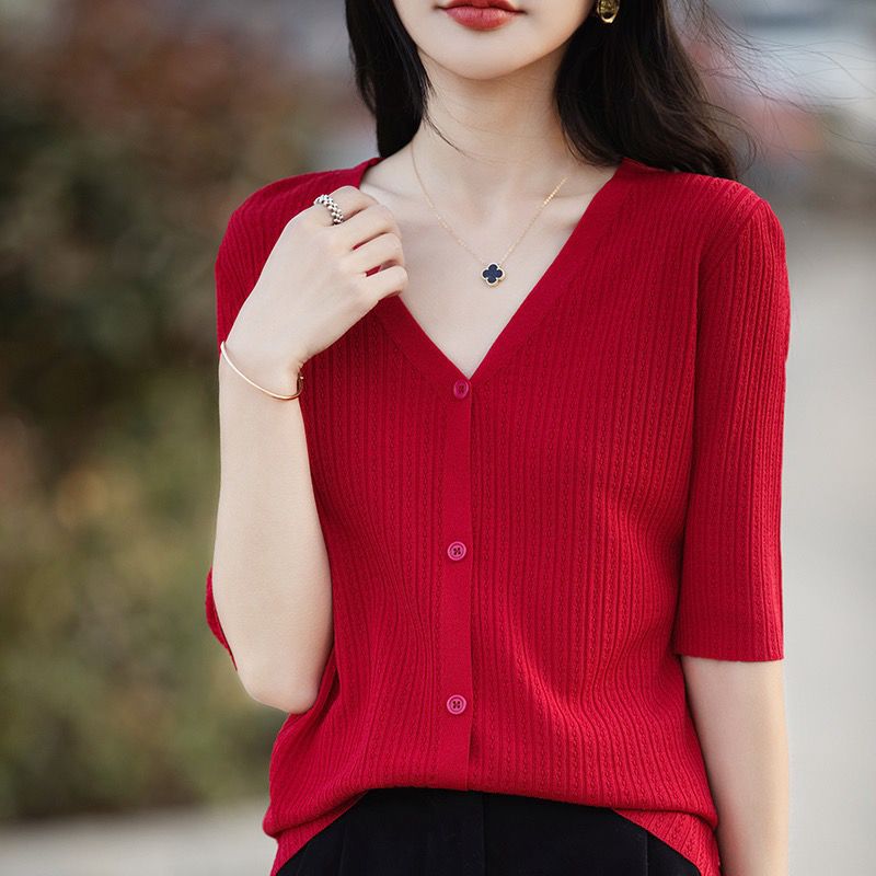 Summer Short Sleeve Knitted Cardigan Lightweight Loose Fit Twisted Design Pearl Texture Casual Wear Wholesale