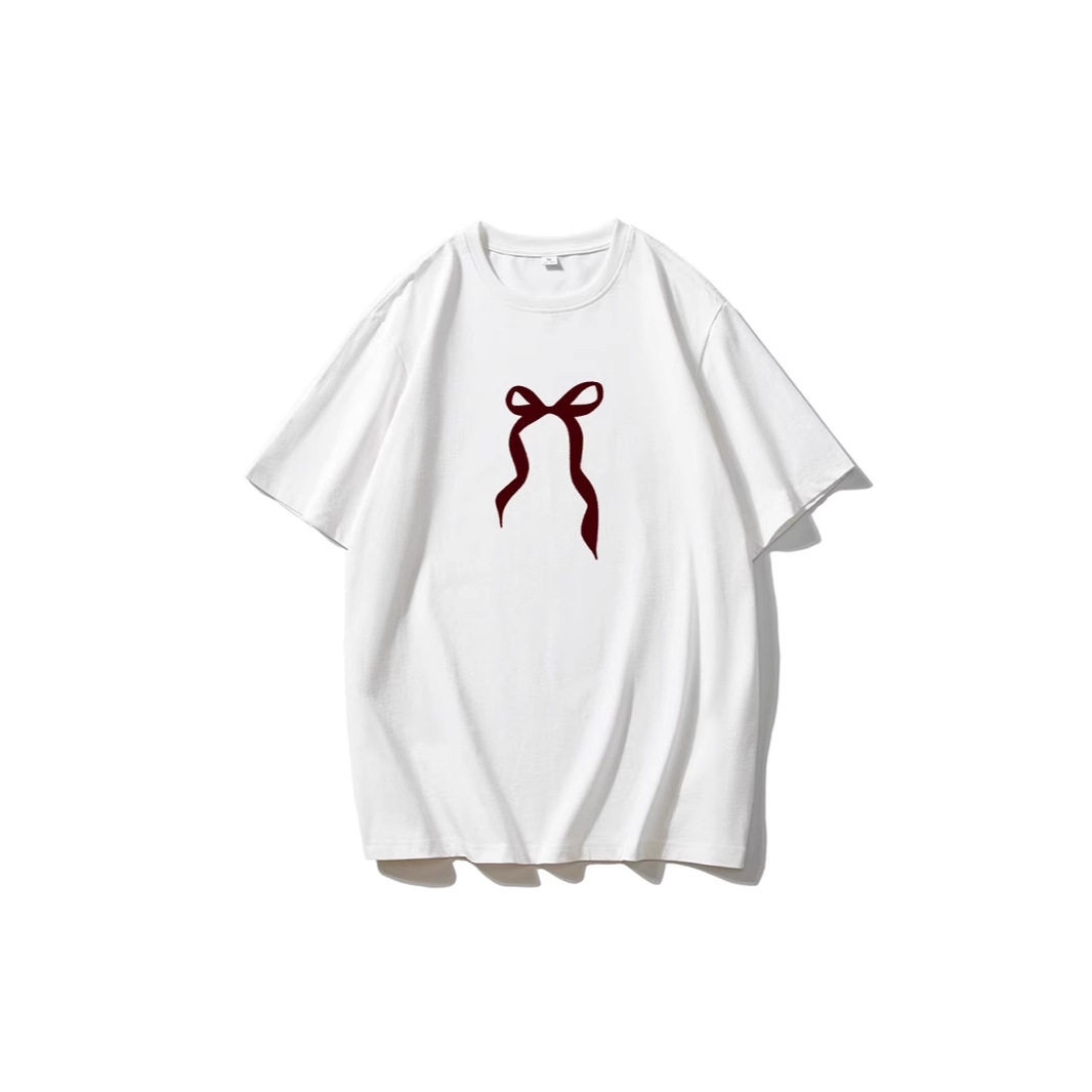 Womens Vintage Bow Print T Shirt Summer Casual Style Loose Fit Round Neck Short Sleeve 100 Cotton Wholesale