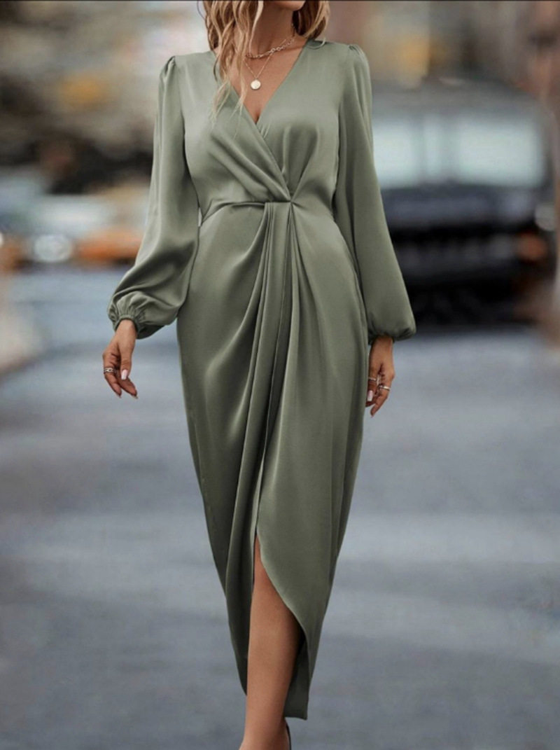 Spring Womens Dress Solid Color V Neck Long Sleeve Waist Defined Asymmetrical Hem Casual Wear OEM Available