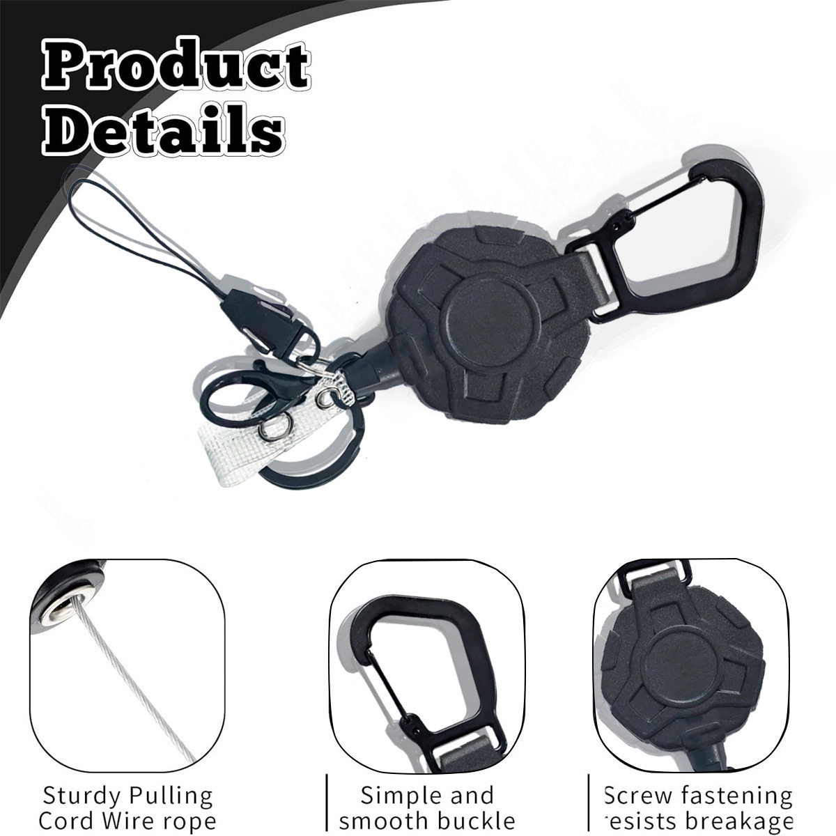 3-Corner Heavy-Duty Retractable Steel Wire Rope Easy-Pull Buckle Id Badge Reel with Lobster Clasp Leather Strip Key Ring Aircraft Buckle