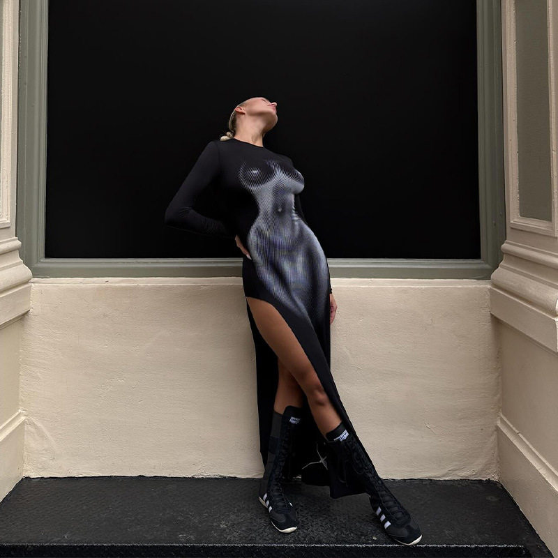 3D Body Print Long Sleeve Bodycon Dress Stylish Slim Fit Spring Fashion Perfect for Parties and Night Out Wholesale