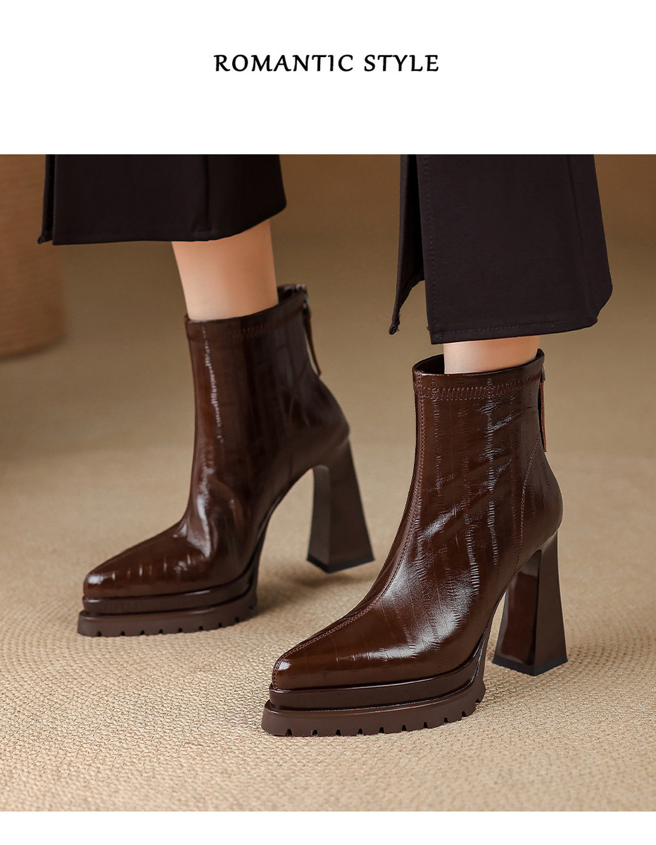 Boot nữ cao gót 10cm mũi nhọn da thật, cổ thấp gót vuông khóa kéo sau — Bảng màu nâu, Màu đen bên trong, Màu nâu., Trong danh sách đen