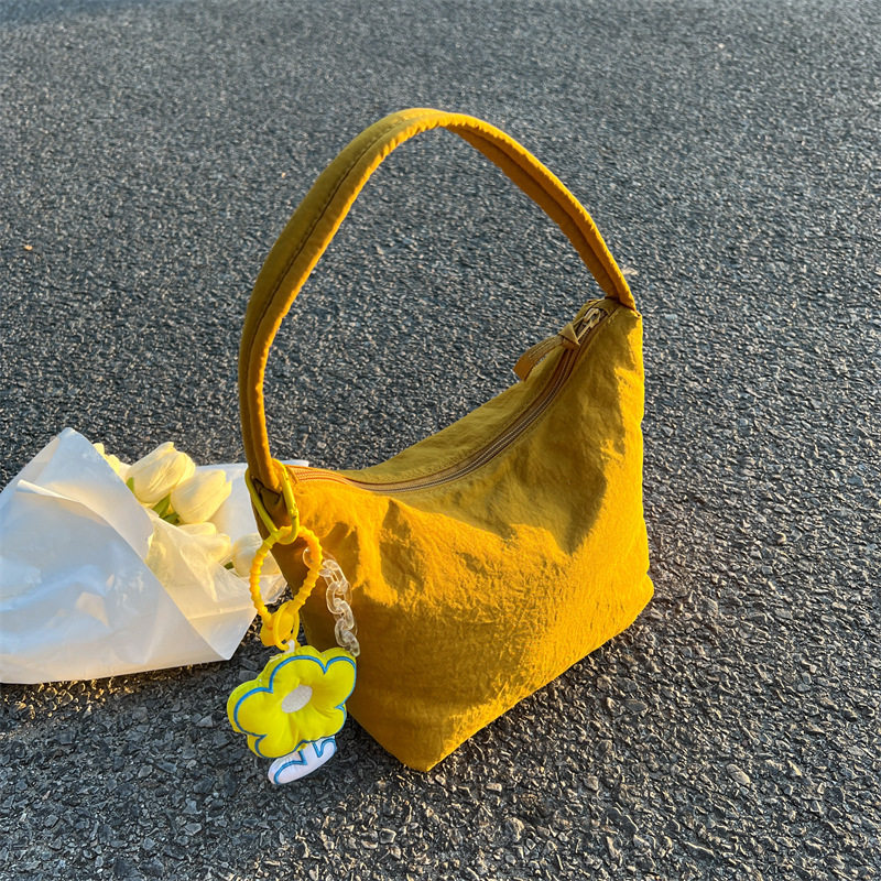 Solid Color Handbag Women's Large Capacity Soft Waxy Nylon Cloth Bag Simple Underarm Bag Hand Bag New Shoulder Mummy Bag