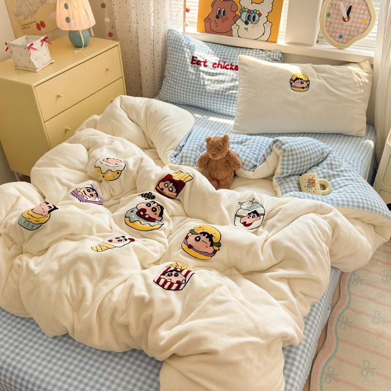 Crayon Shin-Chan Milk Velvet Bed Four-Piece Set Cartoon Coral Velvet Single Quilt Cover Bed Sheets and Fitted Bed Sheets Thickeneded Three-Piece Set