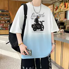 Men's Summer New Pullover Round Neck Cartoon Gradient Print Short Sleeve T-Shirt Trendy Breathable Base Shirt