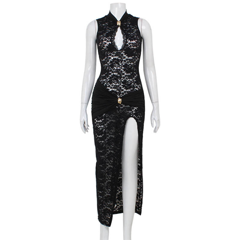 Lace Cheongsam Dress Sleeveless Slim Fit High Slit Elegant Design Perfect for Parties and Special Occasions