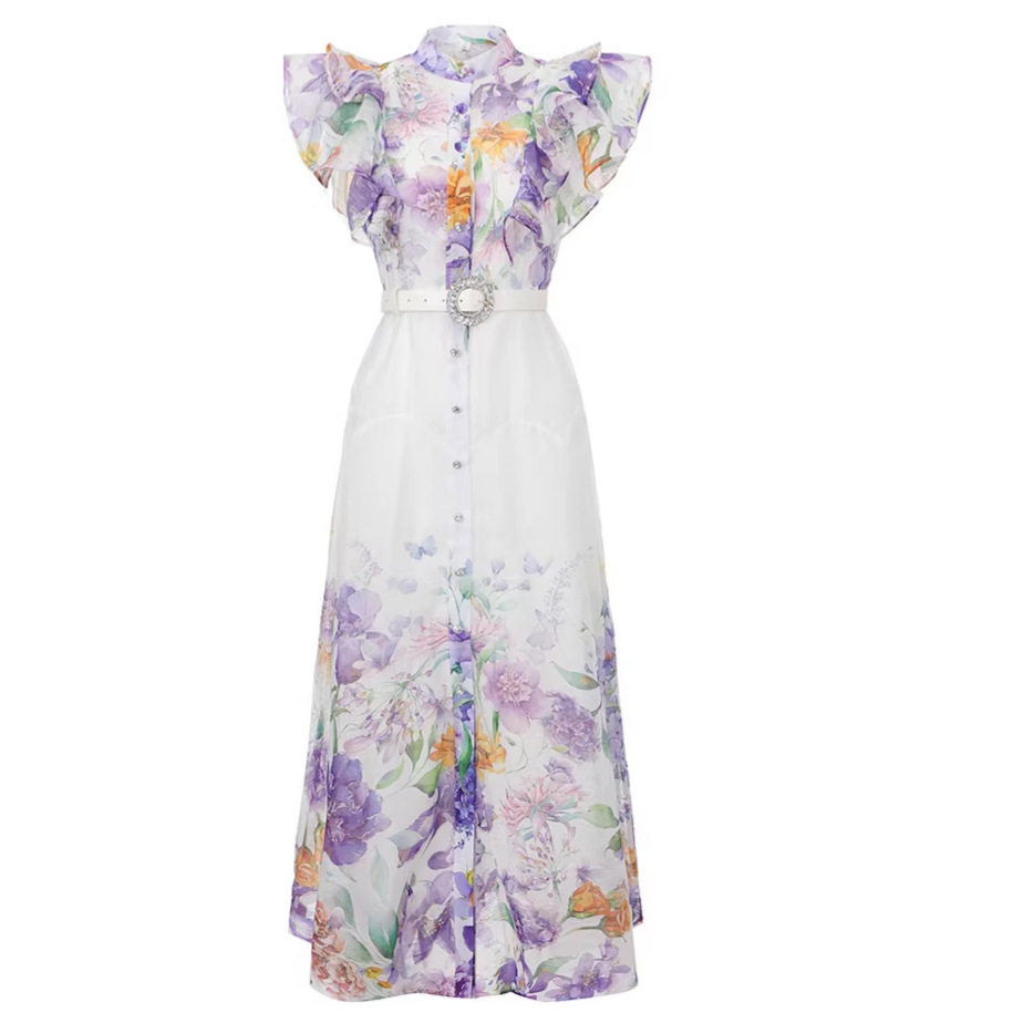 Elegant Ruffled Sleeve Dress Spring Fall Floral Print Rhinestone Button Tie Waist Flared Hem Perfect for Vacations