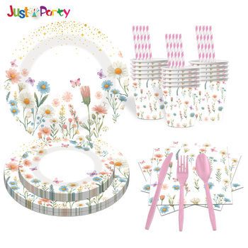 New Disposable Flower Paper Tray Ins Floral Flower Theme Tableware Paper Cup Paper Tray Paper Towel Knife, Fork and Spoon suit