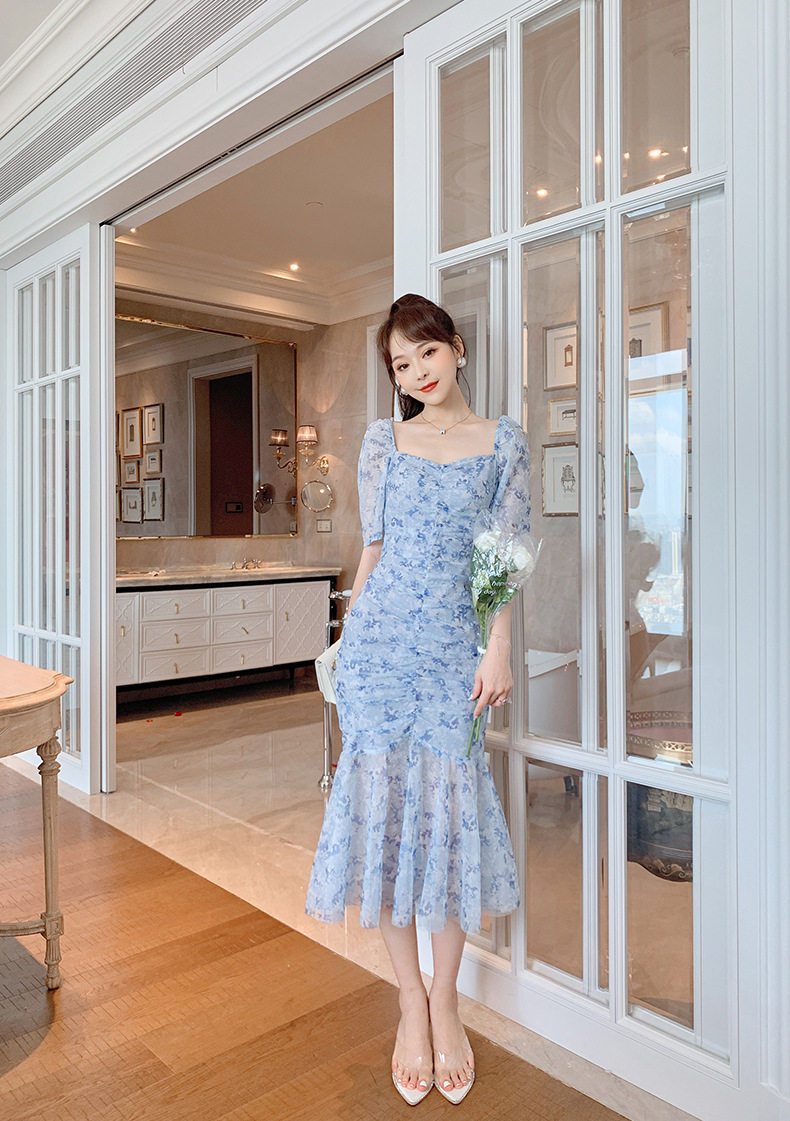 Đầm maxi nữ thắt eo cổ vuông họa tiết hoa tay bồng — [Xanh nhạt] chi tiết 12