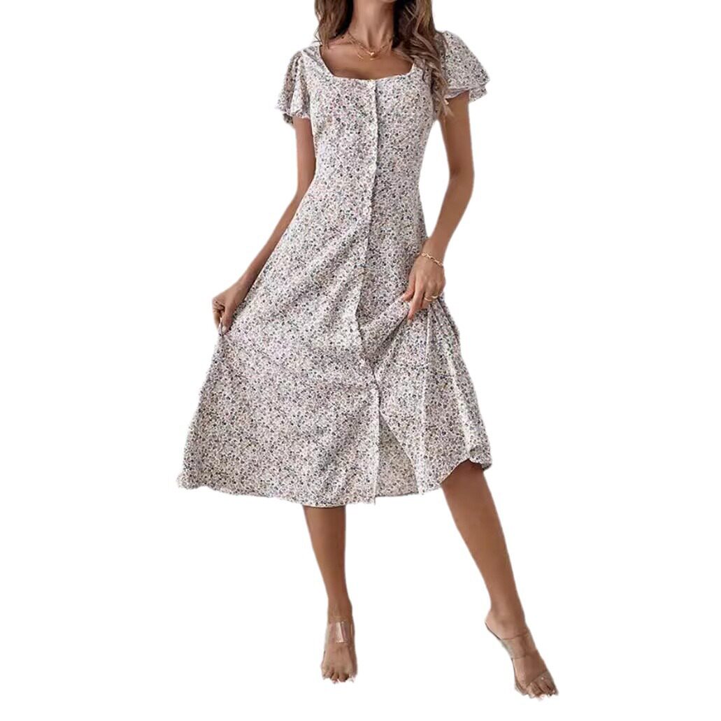 Floral Print Short Sleeve Square Neck Dress Summer Style Lightweight Fabric Elegant Design Wholesale Available