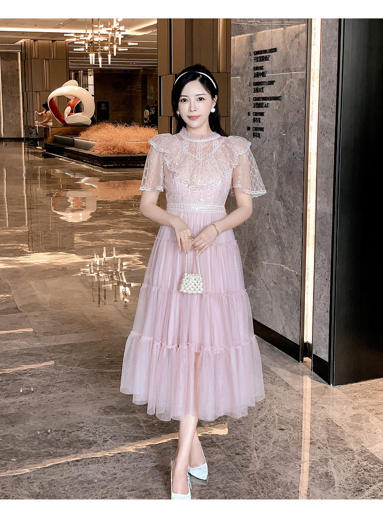 French Style Sweet Heavy Beaded Lace Panel Waist Defined Tulle Puff Dress for Women Elegant Slim Fit Perfect for