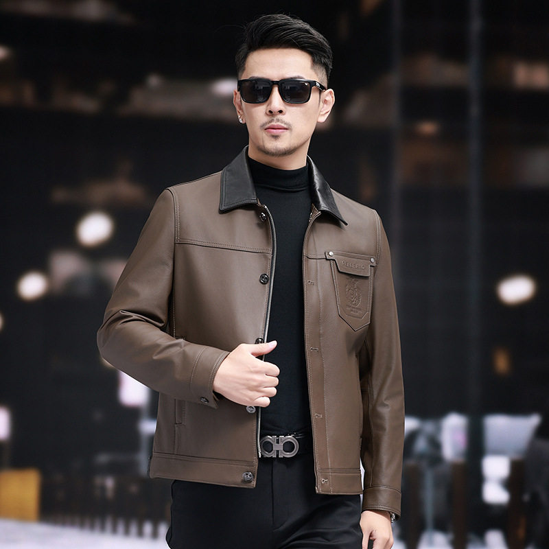 Áo Khoác Da Thật Nam Đầu Lớp Da Bò Cổ Bẻ Kiểu Retro Màu Nâu