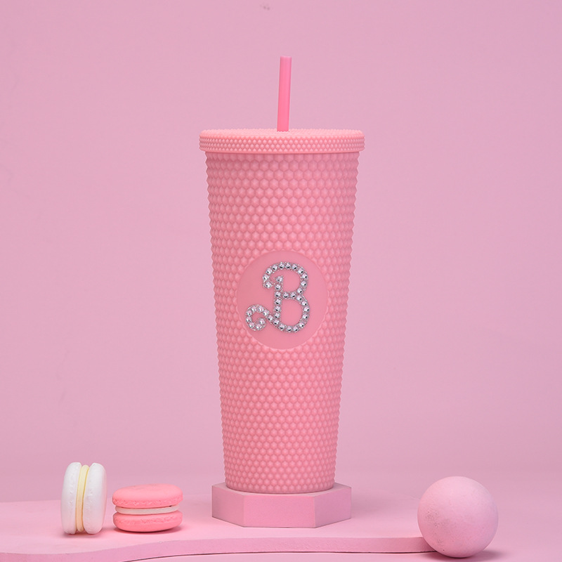 双层塑料吸管杯710ml大容量创意吸管杯扎手杯榴莲杯便携钻石杯