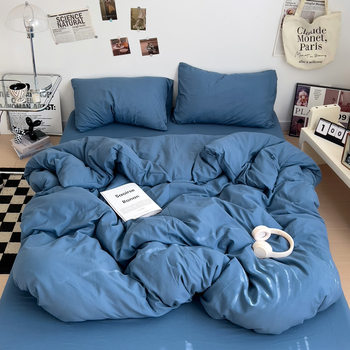 Ins-Style Solid Color Washed Cotton Four-Piece Set Japanese-Style Soft Bed Sheet Duvet Cover Fitted Sheet Dormitory Three-Piece Bedding Set Cross-Border