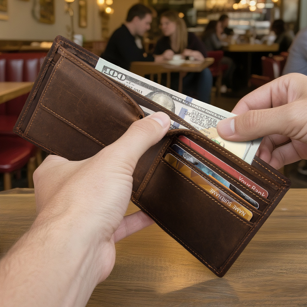 Ví nam da bò thật dáng ngắn chống quét mã RFID — Dáng đứng - màu nâu nhạt, Dáng đứng - Nâu đậm, Dáng ngang - Nâu đậm (RFID)