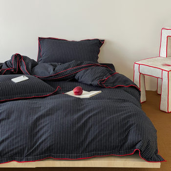 2025 New Style Yarn-Dyed Washed Cotton Four-Piece Set Pure Cotton Red Overlock Industrial Style Black Stripes