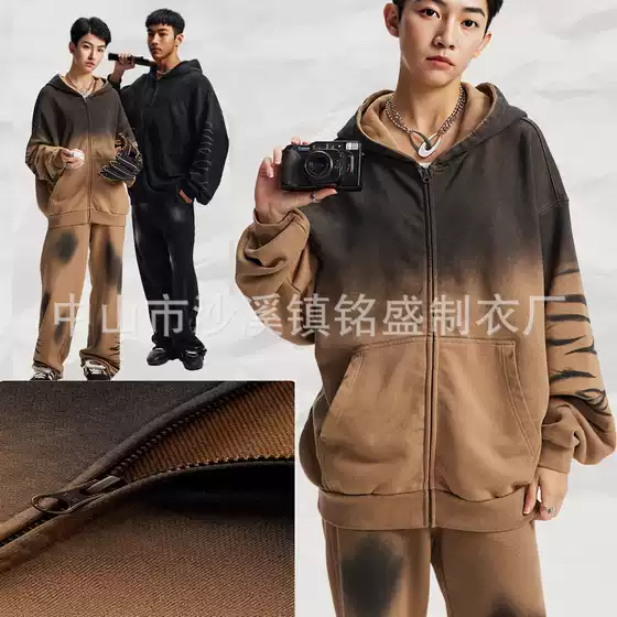 Autumn and Winter New Trendy Brand Tie-Dye Vintage-Style Custom Cross-Border American Fashion Washed Zipper Sweatshirt Jacket for Men