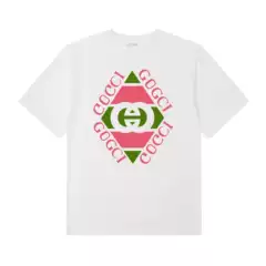 Cross-Border Loose T-Shirt, Gujia Fashion Version, Pink and Green Color-Blocked, Large Diamond-Shaped Print with Letters Surrounding, Short-Sleeved Wholesale