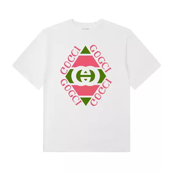 Cross-Border Loose T-Shirt, Gujia Fashion Version, Pink and Green Color-Blocked, Large Diamond-Shaped Print with Letters Surrounding, Short-Sleeved Wholesale