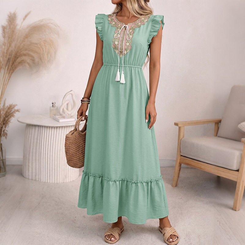 Floral Lace Trim Tassel Flutter Sleeve Dress Fresh Vacation Style Perfect for Summer Events OEM Available