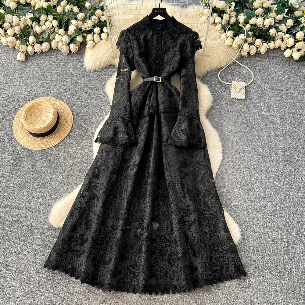 Elegant Long Evening Dress High End Embroidery Hollow Out Flared Sleeves Spring Summer Party Wear Wholesale