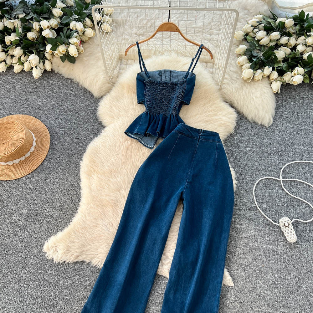 Denim Crop Top and High Waisted Wide Leg Pants Set Slim Fit Sleeveless Casual Style Spring Summer Collection
