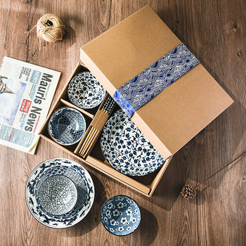 Japanese-style ceramic cowhide box tableware set bowls and dishes gift box opening gift bowl retro ceramic plate blue and white porcelain