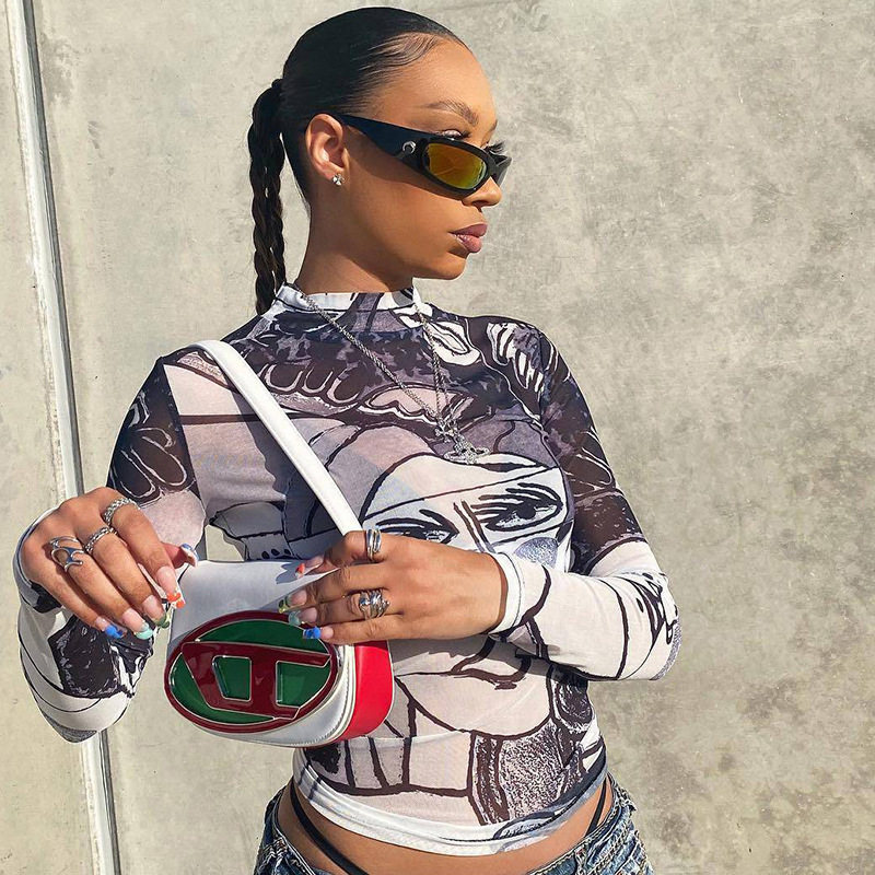 Womens High Waisted Cropped T Shirt Sexy Sheer Mesh Round Neck Long Sleeve Face Print Casual Wear Wholesale