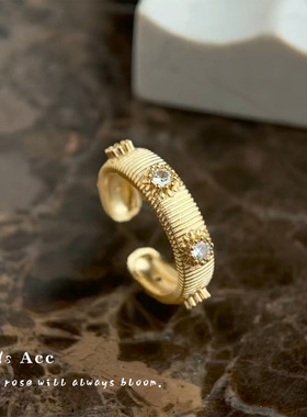 中古vintage花朵锆石戒指复古小众拉丝质感食指戒时尚古着指环