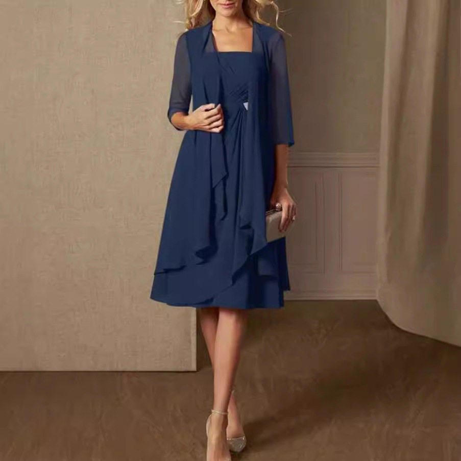 Chiffon Long Sleeve Dress with Rhinestones Elegant Two Piece Set Spring Autumn Office Wear