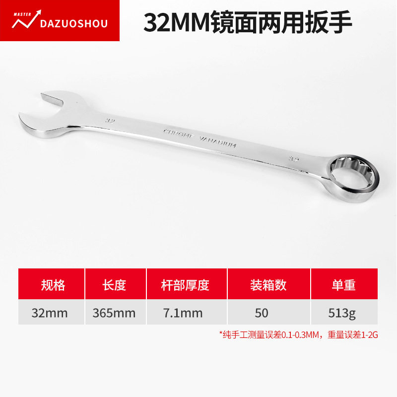 五金工具铬钒钢镜面两用梅花手动镀铬呆扳手套装双头梅开口扳手