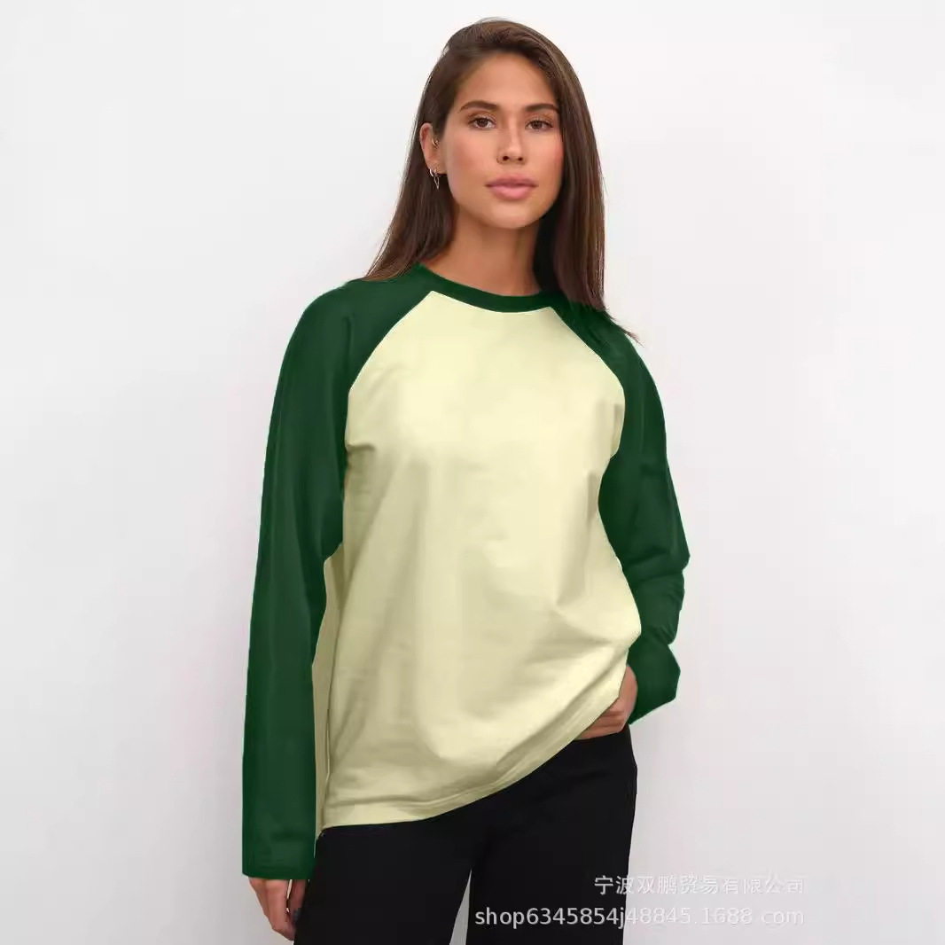 Womens Color Block Long Sleeve T Shirt Casual Loose Fit Round Neck Cotton Fabric Spring and Autumn Essential