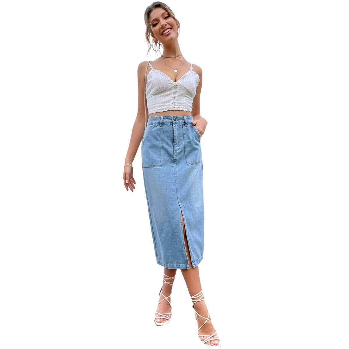 A Line Split Hem Denim Skirt Elegant Design High Waist Comfortable Fit Casual Wear Spring Summer Wholesale
