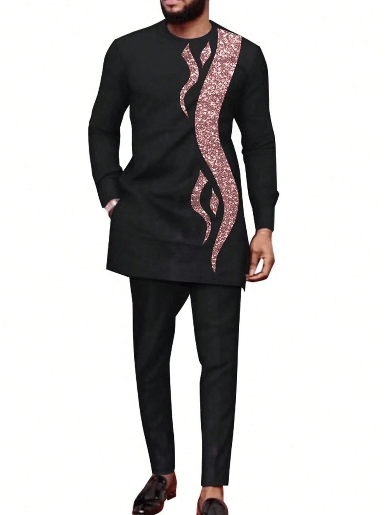 2023非洲民族风男士休闲套装2件套长袖纯色拼接衬衫和裤子套装