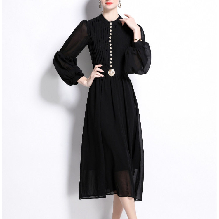 Elegant French Style Chiffon Dress Spring Collection Metallic Button Waist Defining Lantern Sleeves Perfect for