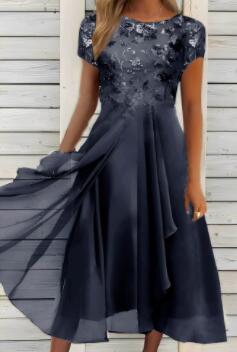 Chiffon Maxi Dress with Sequin Print Round Neckline Elegant Evening Wear Available in Multiple Colors and Sizes