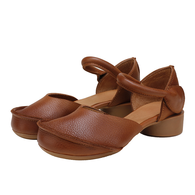 Giày sandal nữ quai ngang gót thô bọc mũi bằng da bò thật, đế mềm thủ công — Màu đen, Màu nâu