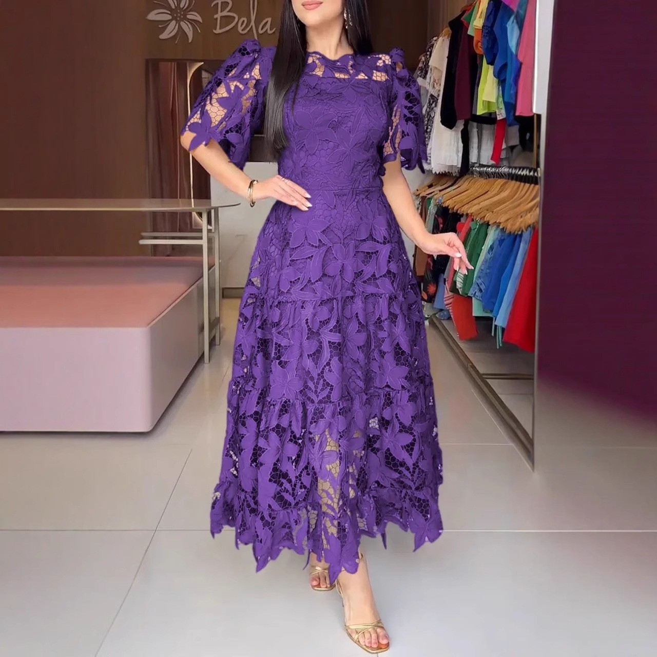 Summer Womens Lace Dress Elegant Hollow Design Round Neck Short Sleeve Perfect for Parties and Events Wholesale