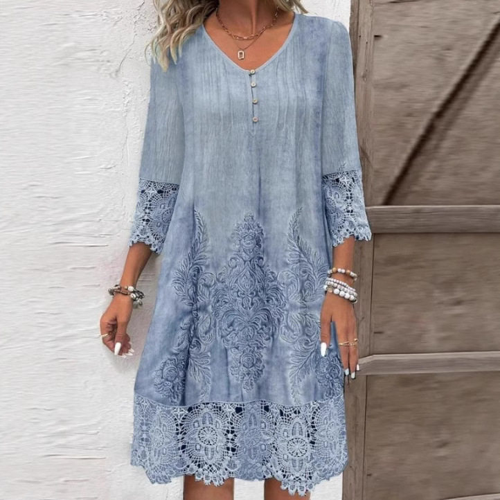 现货亚马逊Temu跨境欧美女装2025新款春夏爆款纯色蕾丝花边连衣裙