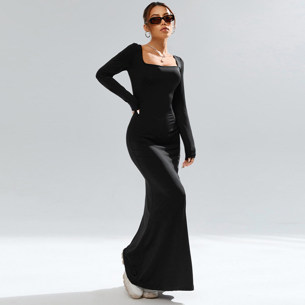 Black Knit Long Sleeve Bodycon Dress Square Neck Sexy Fit Elegant Style Perfect for Parties and Gatherings