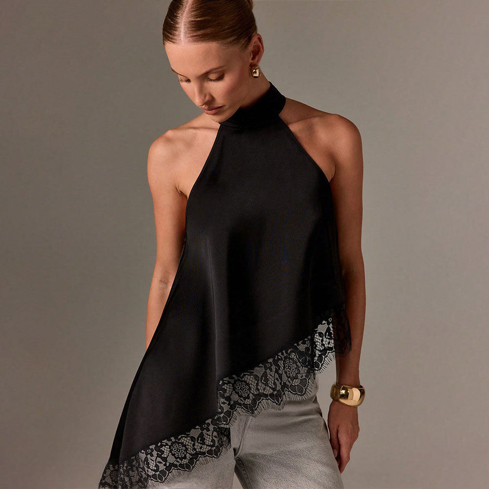 Summer Womens Satin Lace Panel Halter Neck Sleeveless Top Asymmetrical Design Small Stand Collar Elegant Style