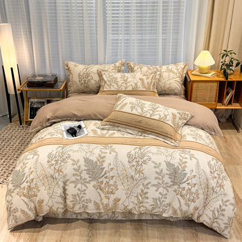 Autumn and Winter Brushed Four-Piece Set, Polyester-Cotton Thickened Warm Simple Bedding, Printed Bed Sheet and Duvet Cover, Nantong Home Textiles