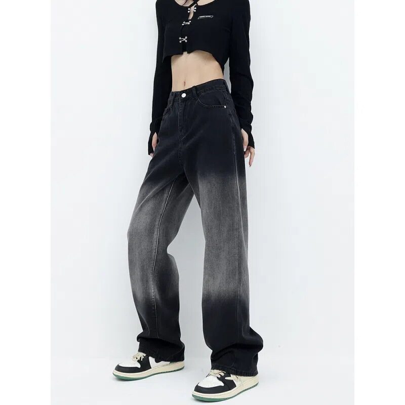 Black Gradient Straight Leg Jeans for Women High Waist Casual Slim Fit Korean Style Spring Fashion for Students