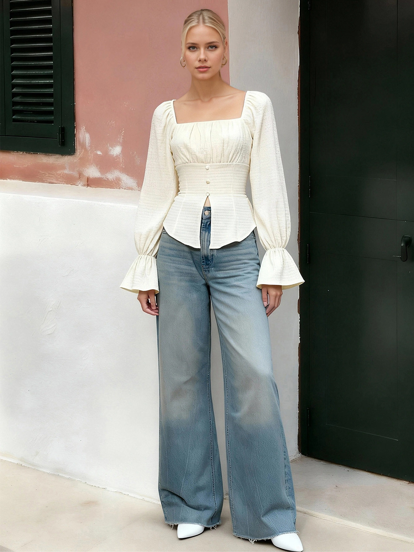 French Style Square Neck Puff Sleeve Chiffon Blouse Slim Fit High Split Vintage Design Perfect for Spring and Summer