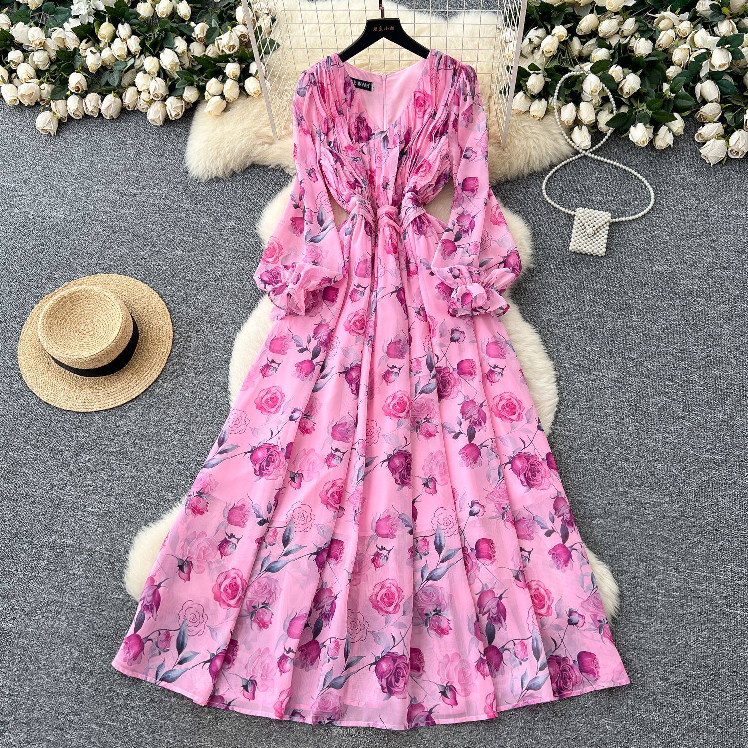 Elegant French Style Maxi Dress for Women High End Waist Defining Floral Print Lightweight Chiffon Perfect for