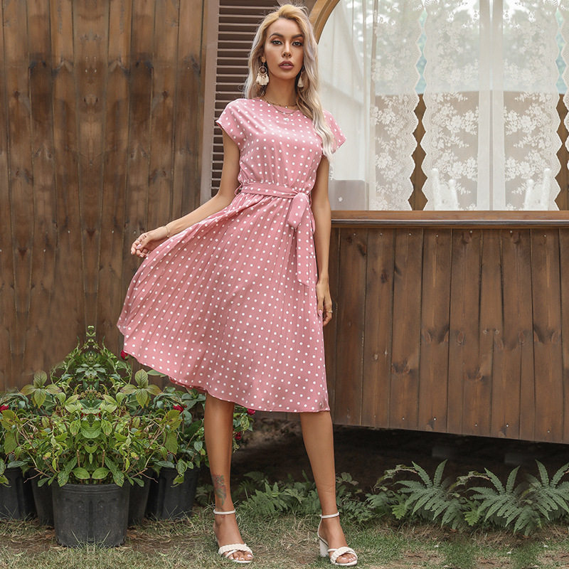 Vintage Polka Dot Ruffled Dress Short Sleeve Elegant Design Summer Style Wholesale Available